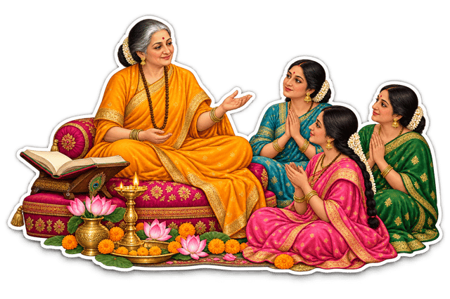 Folk-art painting of women sitting in prayer around a seated teacher, in bright Indian colours.