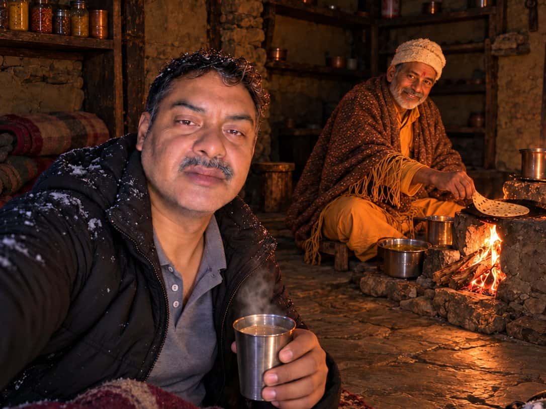 Wrapped in a woollen blanket with snow still on his shoulders, our co-founder grips a steel glass of ginger tea while the smiling pujari cooks rotis over the fire inside the stone temple.