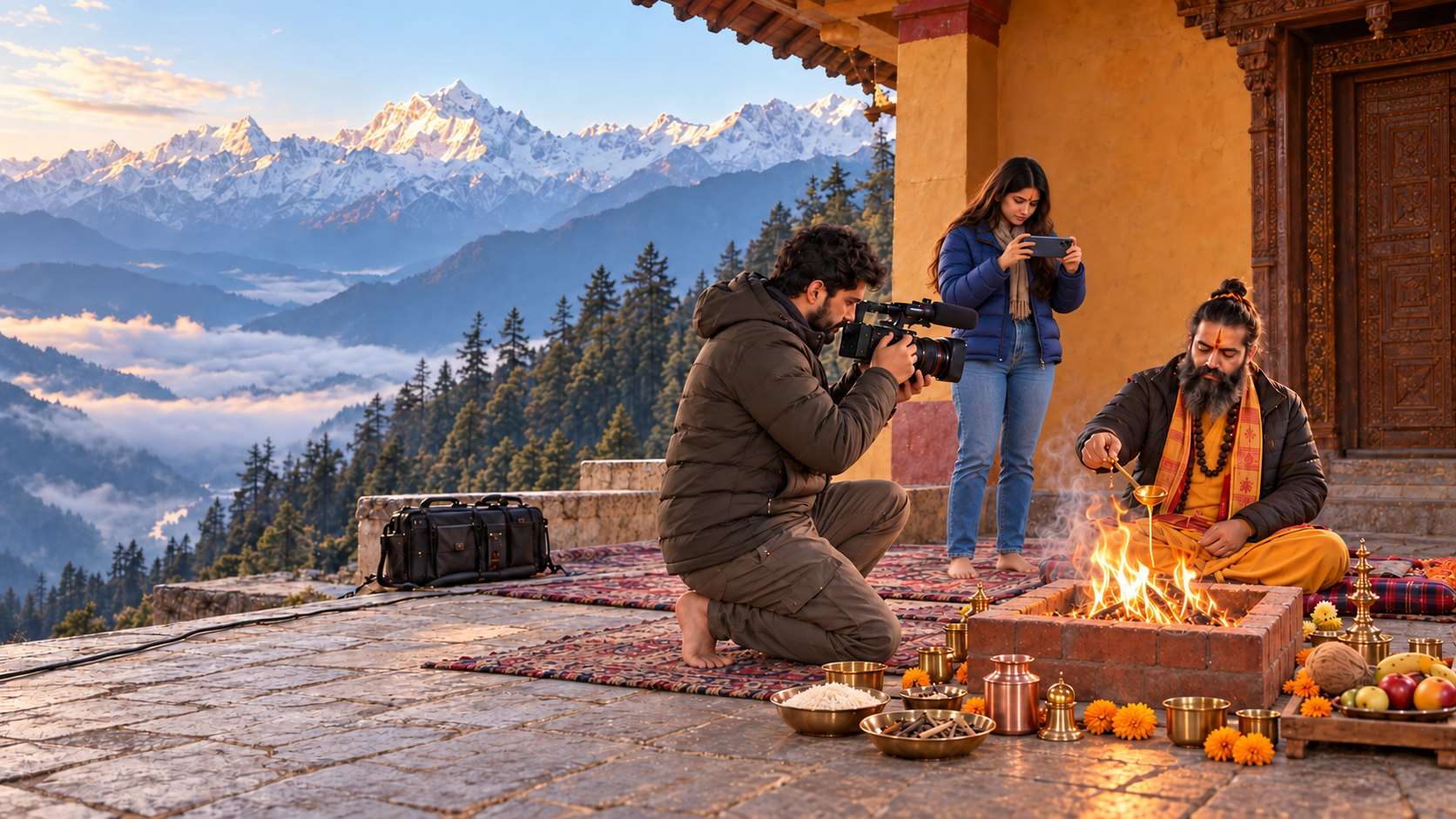 At first light a pujari pours ghee into the havan fire of a mountain temple while our crew films, snow peaks rising behind.