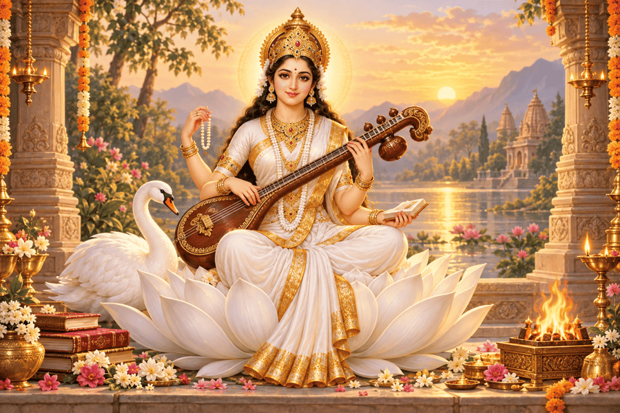 Goddess Saraswati in a white saree seated on a white lotus, playing a veena, holding a book and rosary, white swan at her side, soft golden morning light, small fire altar in the corner.