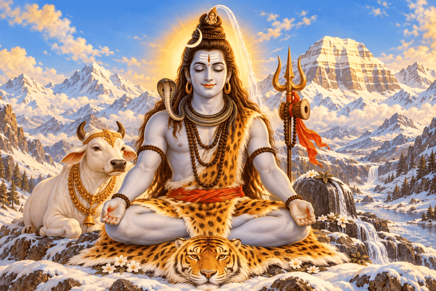 Peaceful Lord Shiva meditating on Mount Kailash, crescent moon in his hair, Ganga flowing gently from his locks, snow peaks and a clear blue sky.