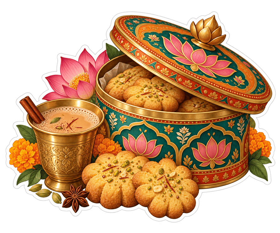 A brass mithai box with sweets, a lotus and a cup — the cookies page.