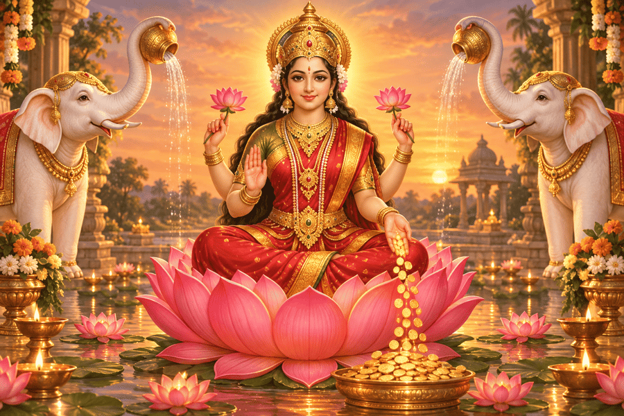 Goddess Lakshmi in red and gold seated on a pink lotus, gold coins flowing from her open palm, two white elephants showering water, soft evening light.