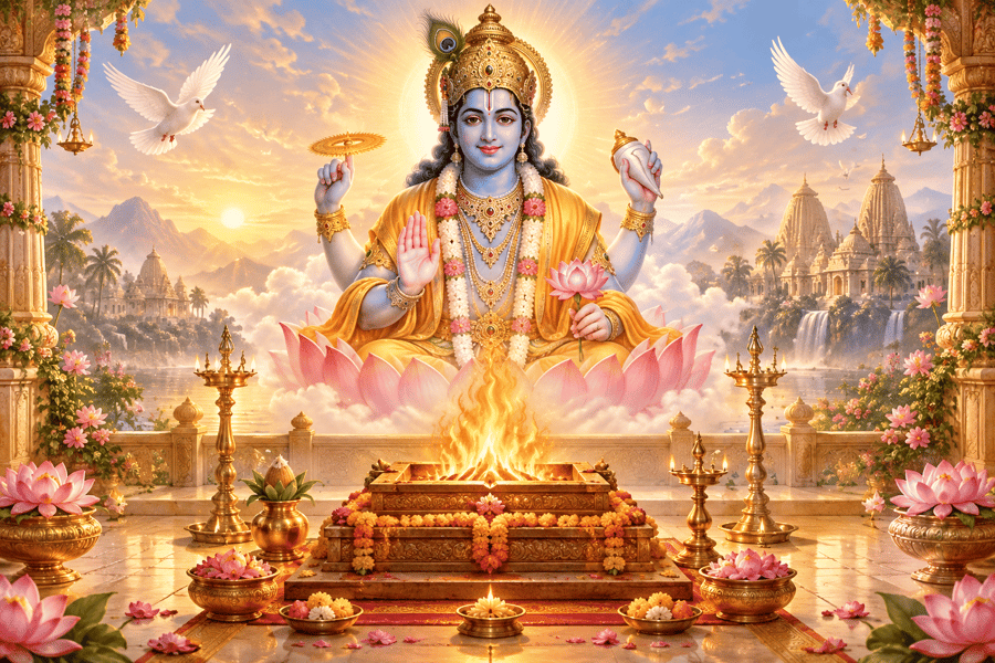 A glowing fire altar under a peaceful dawn sky, Lord Vishnu blessing from above, white doves and lotuses, soft white and gold light.